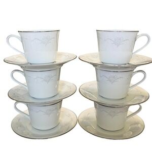 Noritake Casablanca 6842 Set of 6 Cups & Saucers White Platinum Japan Vintage